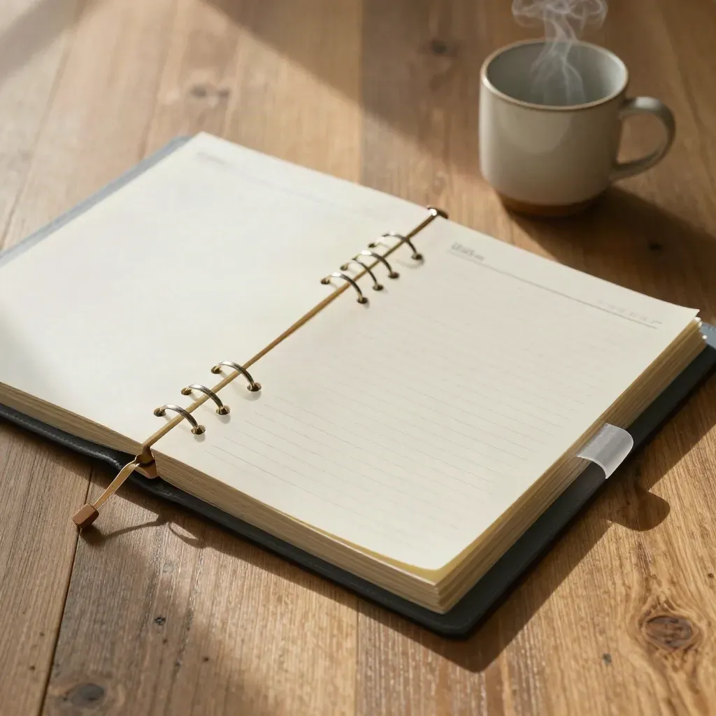 Cream lesson-planning folios, divider tabs and a steaming mug on a warm oak floor.