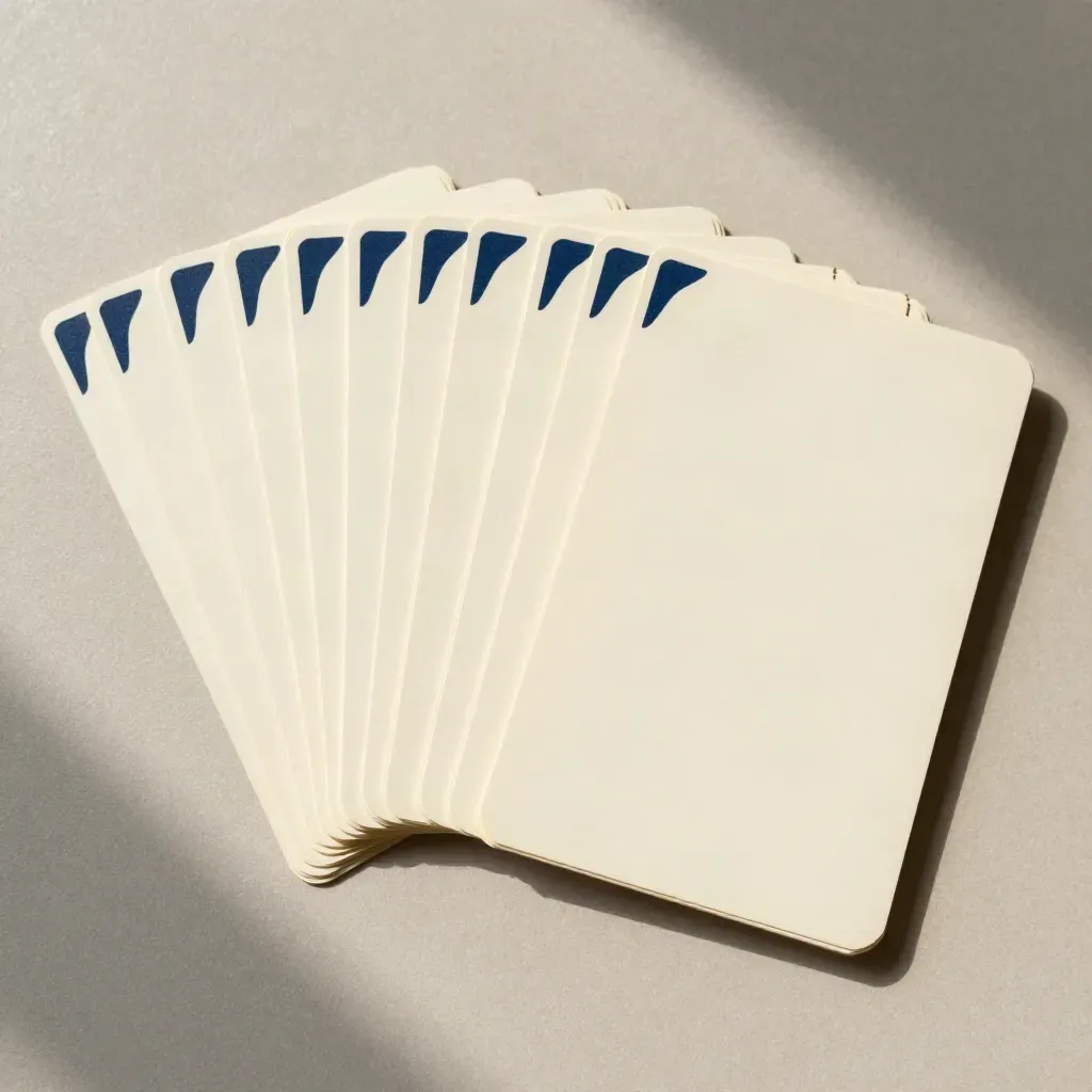 Cream classroom rule cards fanned on matte plaster with navy tabs and a small sleeve.