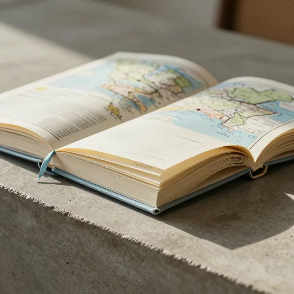 Macro of a folded year-map folio on warm concrete with tabs, bookmark card and cloth sleeve.