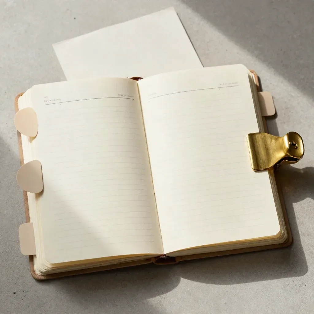 Overhead flatlay of an open cream planning notebook with tabs and a brass clip.