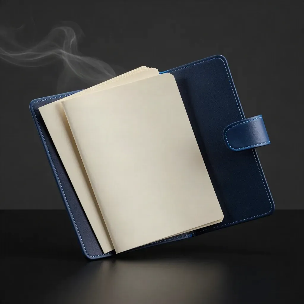Slanted interview prep folder with cue cards, notebook and folded sheets on a dark studio surface.