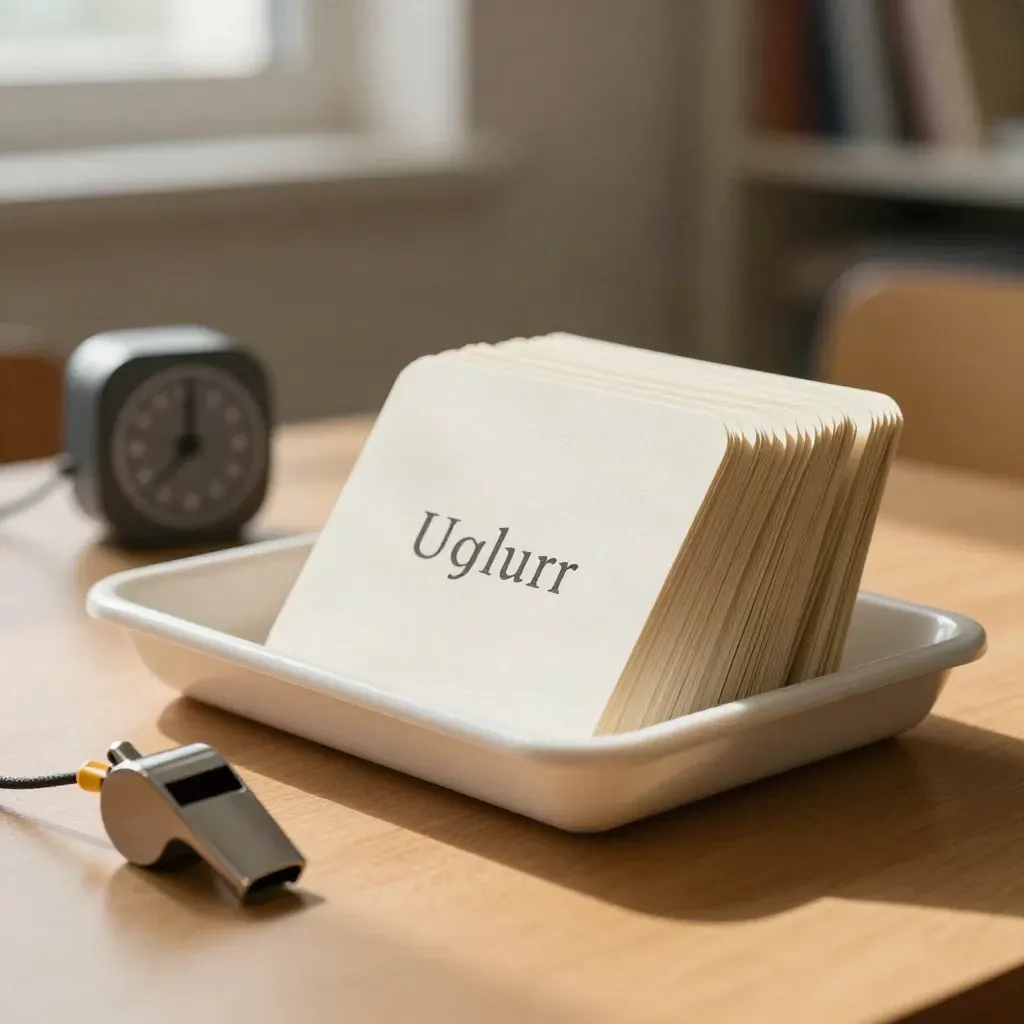 Cream behaviour cards in a tray beside a graphite timer and corded whistle on warm wood.