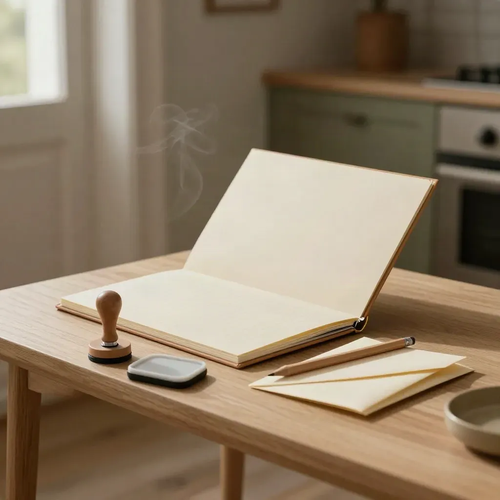 Cover-notes folder, stamp, pencil and envelope on pale wood in soft daylight.
