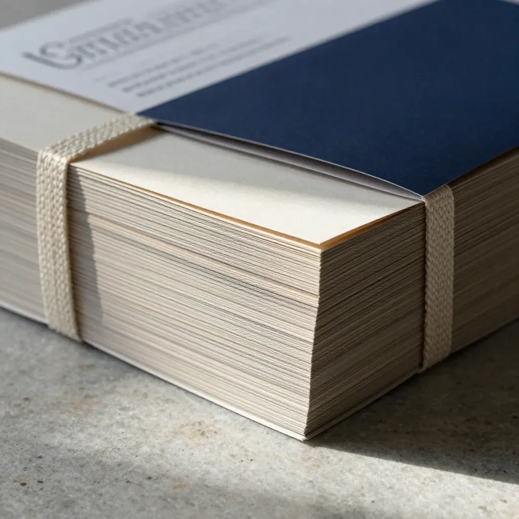 Macro of poster boards bound with a cream strap on stone, with a navy sleeve