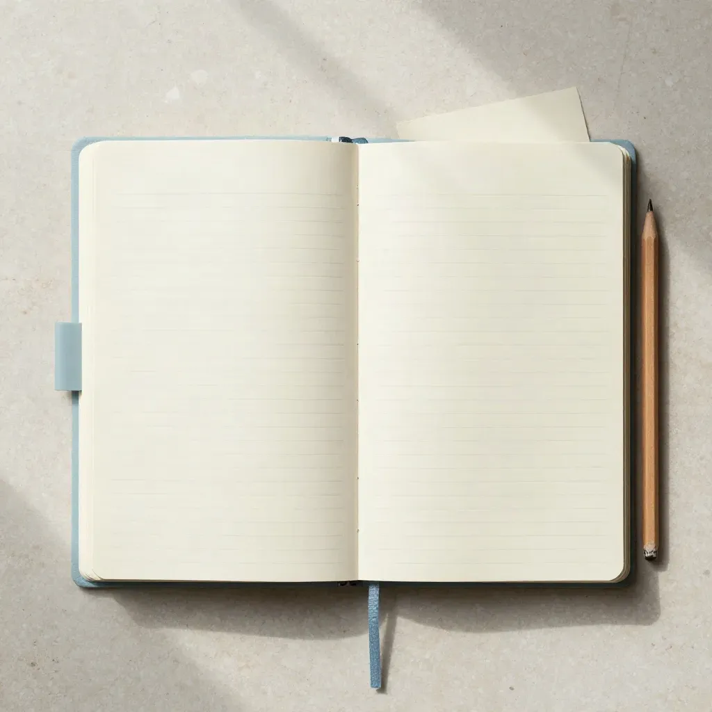 Overhead flat lay of an open planner folio with tabs, pencil and folded note card on stone.