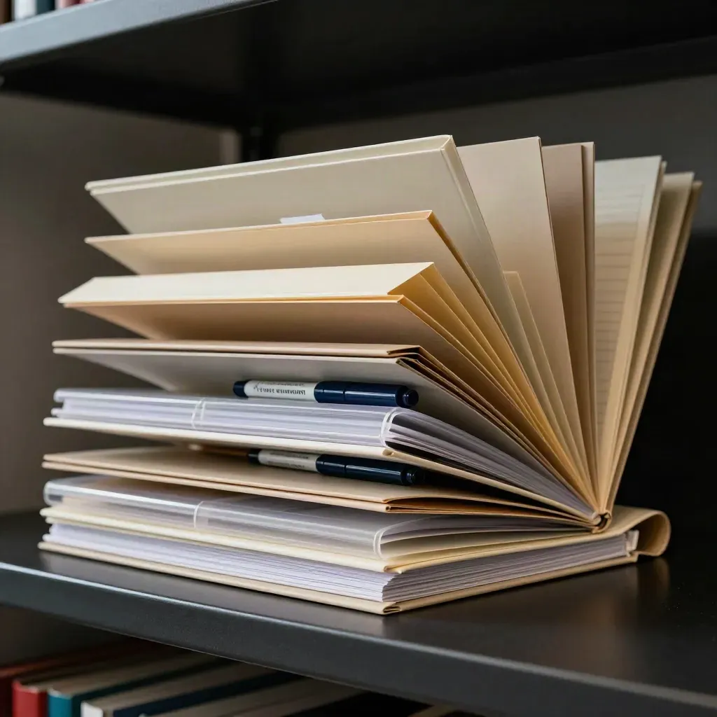 Teacher planning folders and tabs fanned open on a dark surface, dramatic and premium.