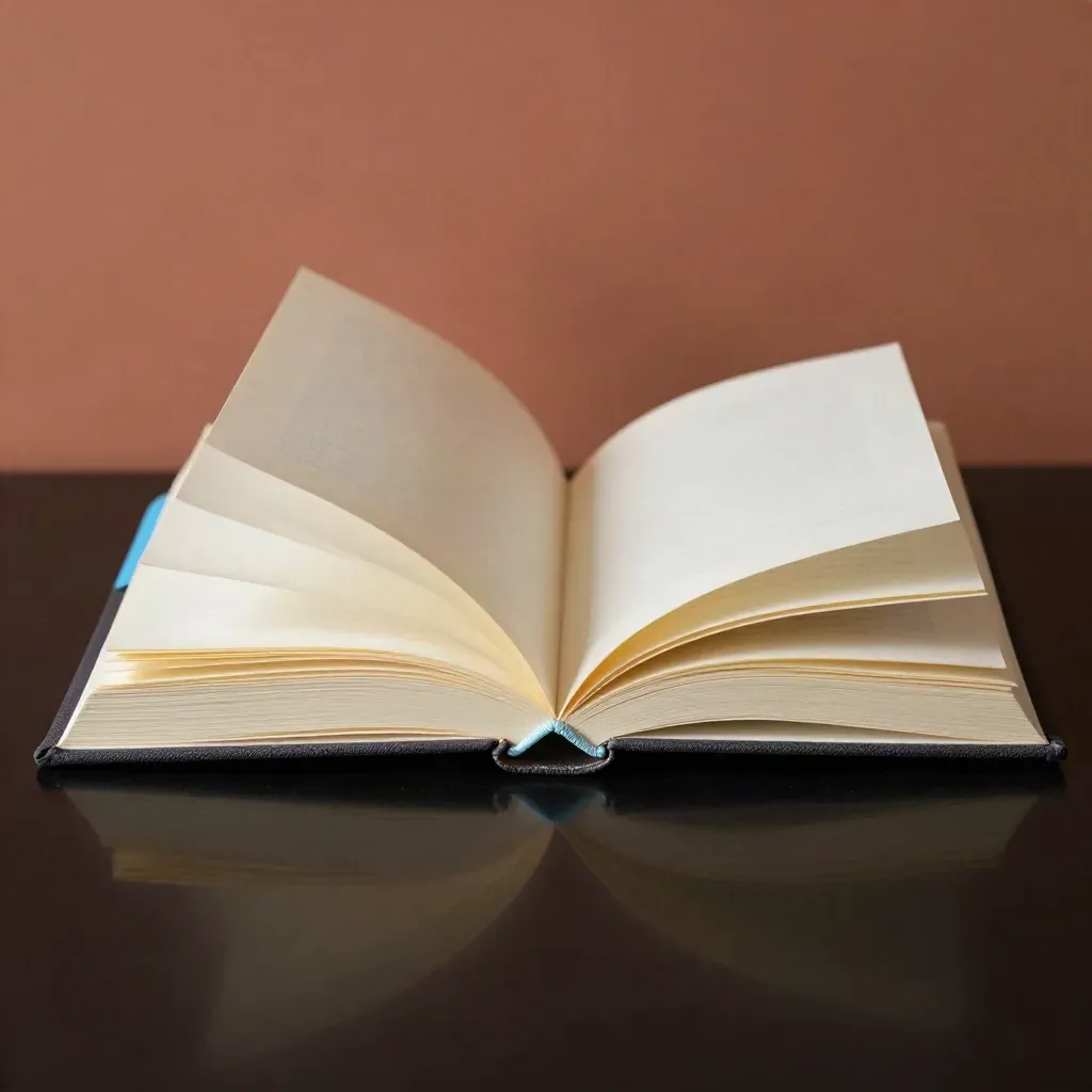 Open reflection journal with sky-blue tab on a dark plinth, softly lit in a dramatic studio.