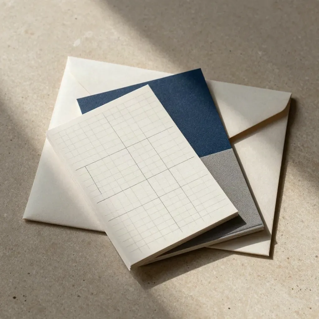 Overhead flatlay of interview prep cue cards, pale folder and cloth envelope on warm limestone.