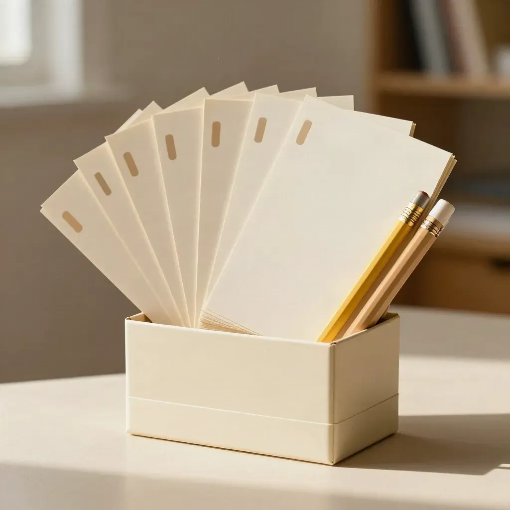 Fan of blank lesson starter cards bursting from a storage box with yellow tab dividers