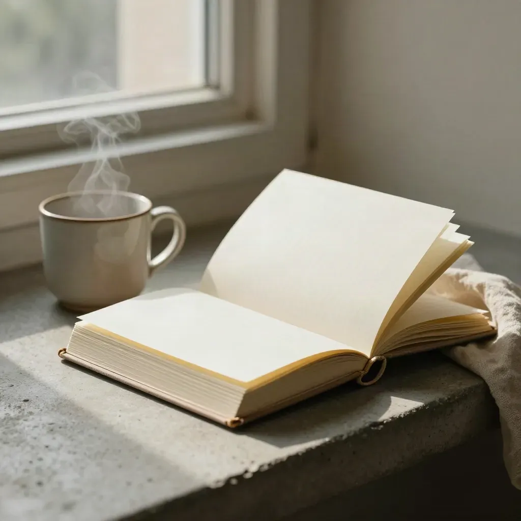 Open wellbeing journal, steaming ceramic cup and folded linen cloth on a stone ledge.