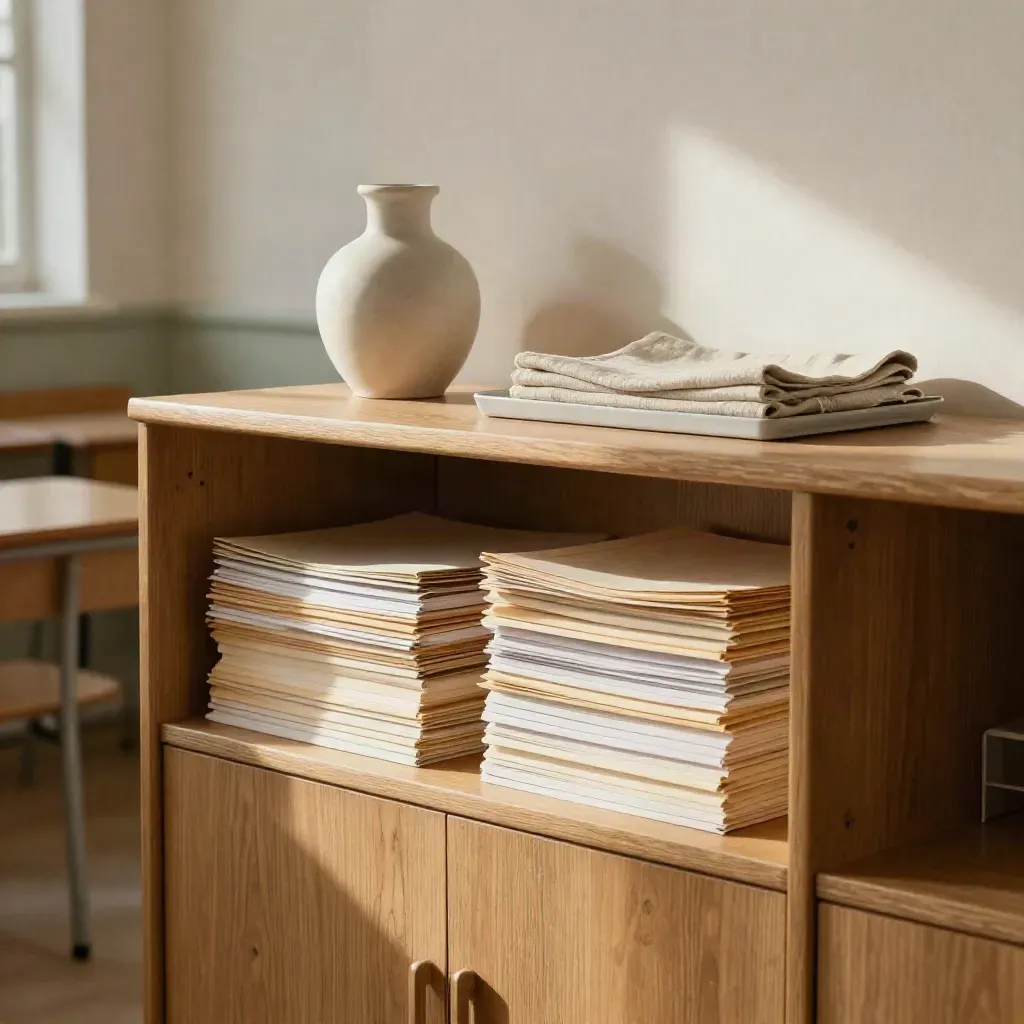 Oak classroom sideboard with lesson-planning folders and a ceramic vase in soft morning light