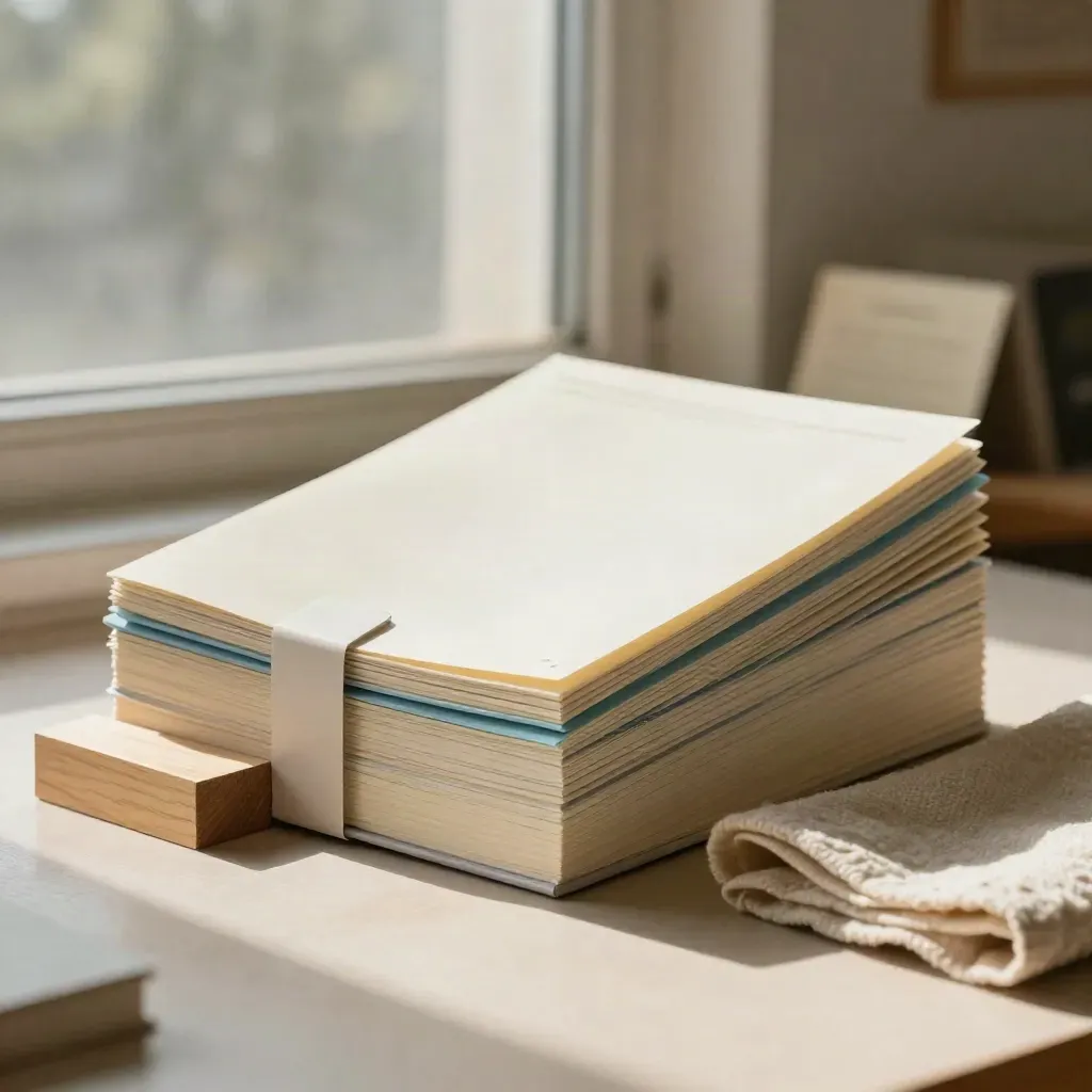 Blank curriculum sheets with blue dividers beside a wooden block and folded cloth.