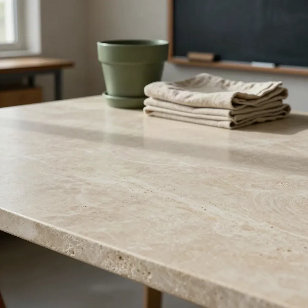 Stone tabletop with a green plant pot and folded linen in a blurred classroom corner