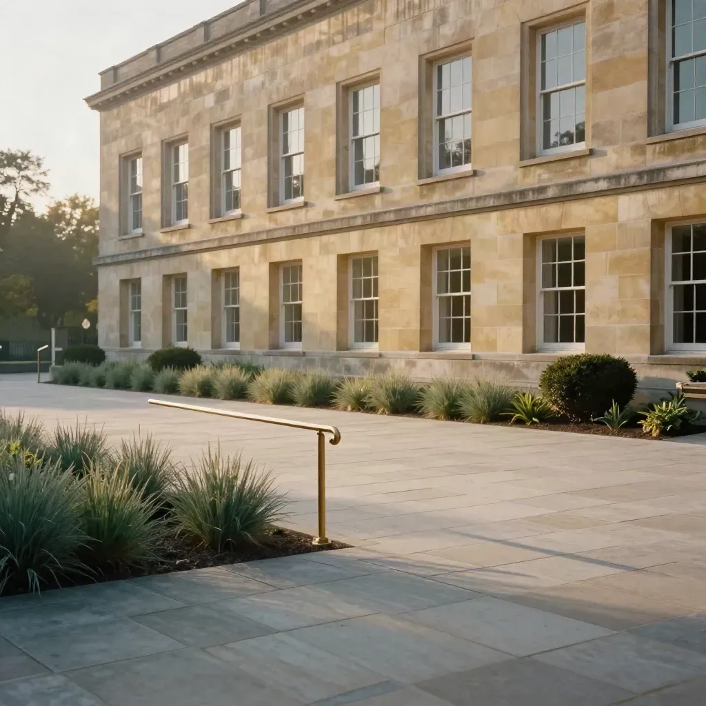 Sunlit stone civic facade with planted verge and calm pale forecourt at golden hour.