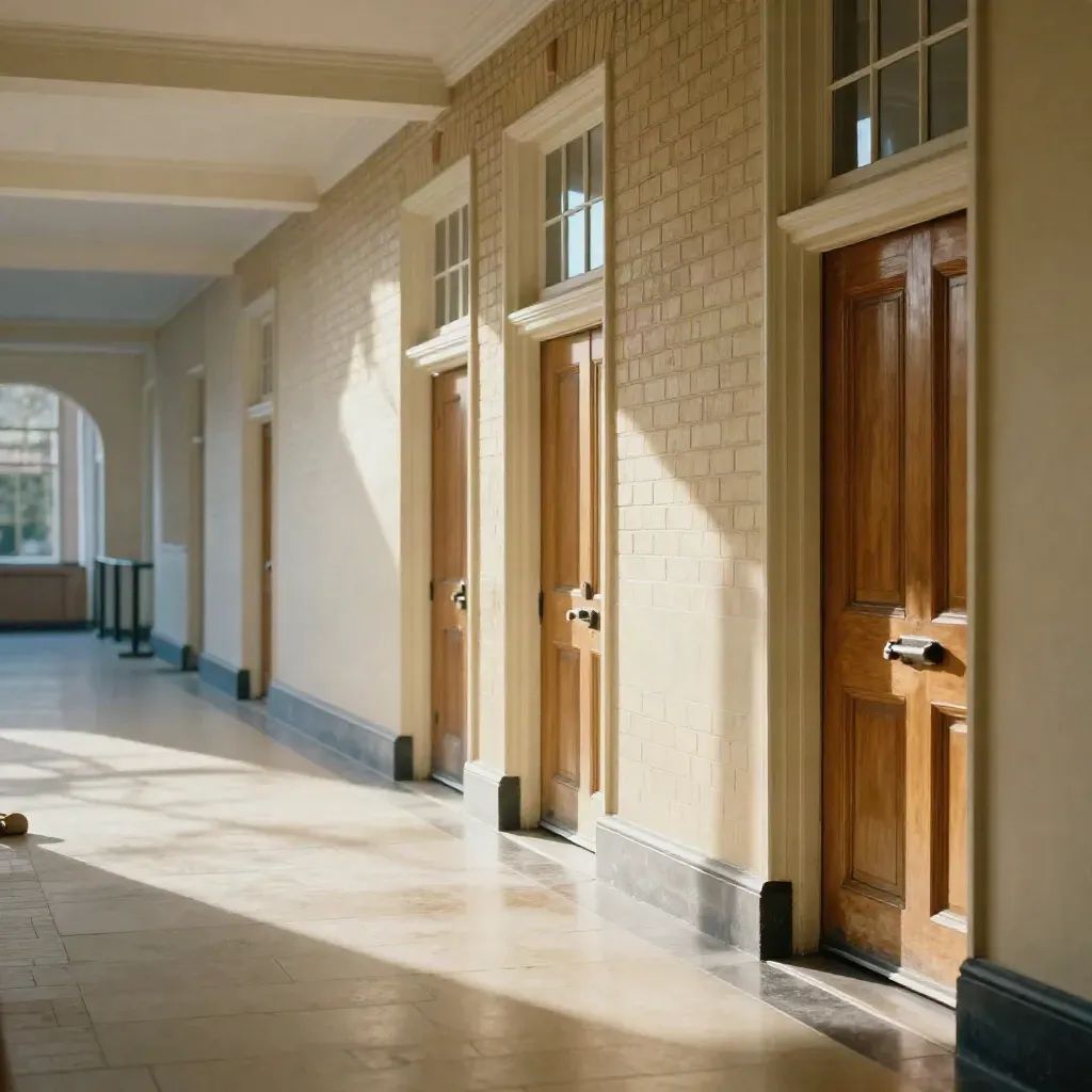 Empty sunlit English school corridor with pale brick, oak doors and calm floor space.