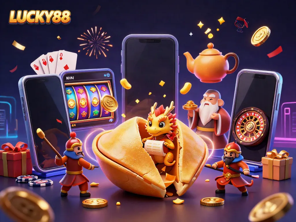 Engage with LUCKY88 through a vibrant 3D scene featuring a golden fortune cookie, wise dragon, and dynamic gaming elements.