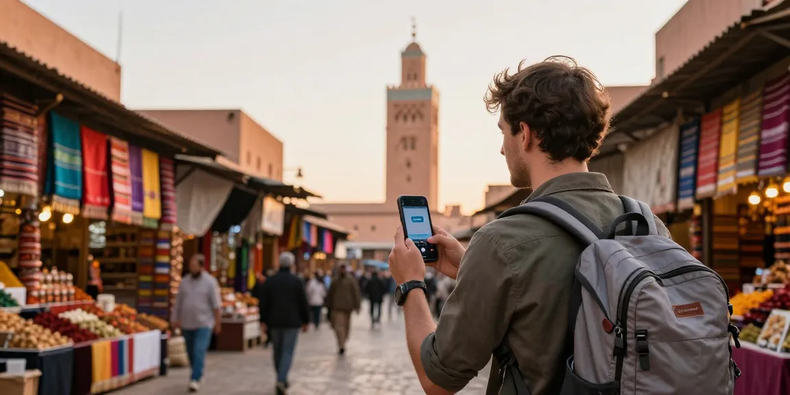 Traveler using a travel eSIM provider in Marrakech market with beautiful cultural backdrop.