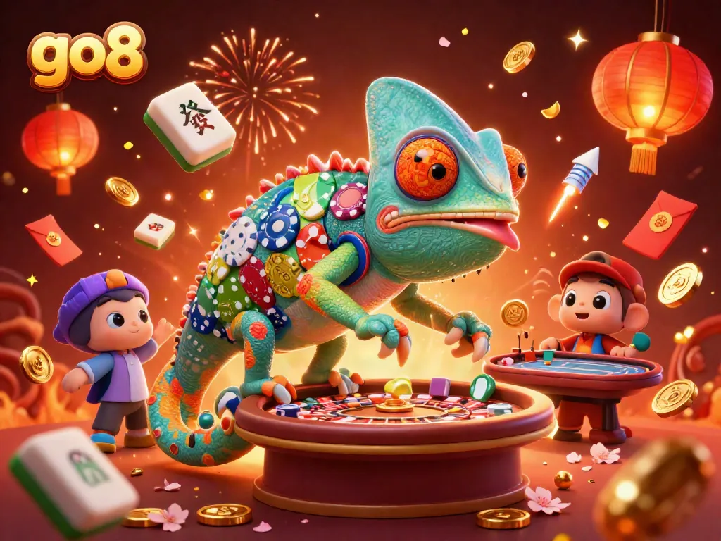 Win at go8 with a vibrant 3D chameleon managing casino games amidst festive elements.