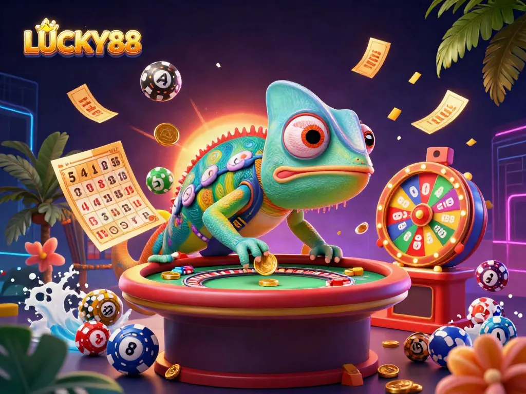 LUCKY88 casino game scene with a chameleon owner surrounded by vibrant lottery balls and golden tickets.