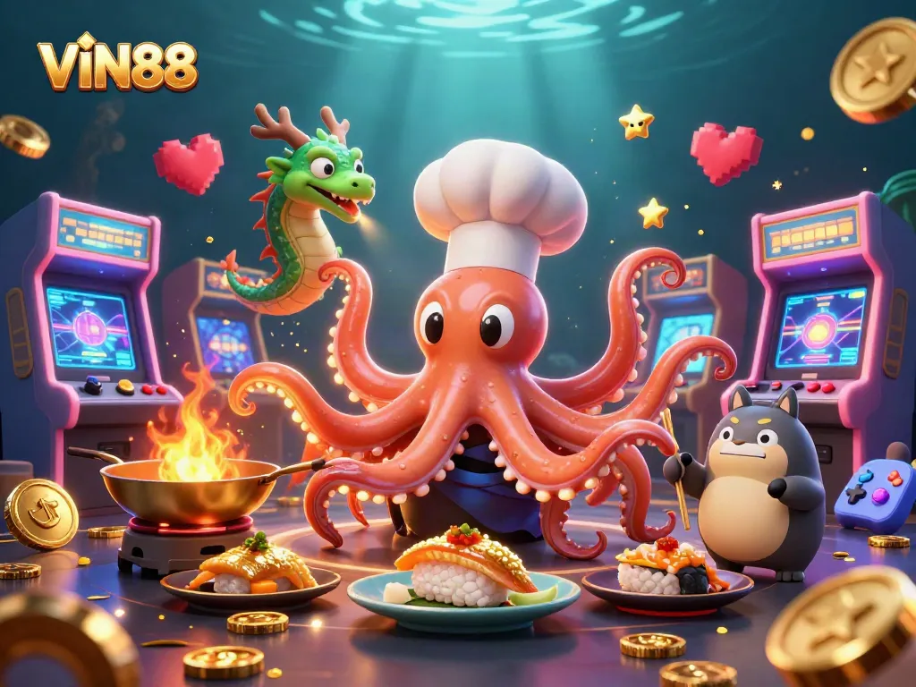 Experience the fun of VIN88 with dynamic characters and exciting game elements in a colorful casino scene.