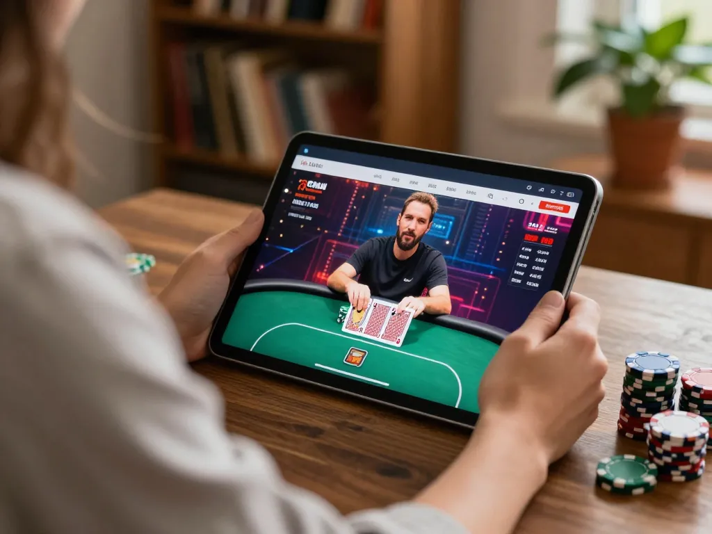 Player using a tablet for real-time alo8 poker gaming with engaged focus.