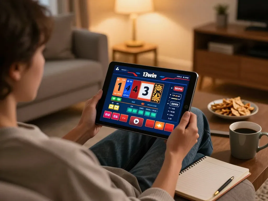 Engaged player accessing 13win online casino on tablet in a cozy setting, showcasing strategic gameplay.