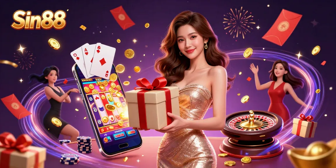 Experience thrilling gameplay with Sin88 featuring a stunning Asian woman in a festive casino scene celebrating wins.