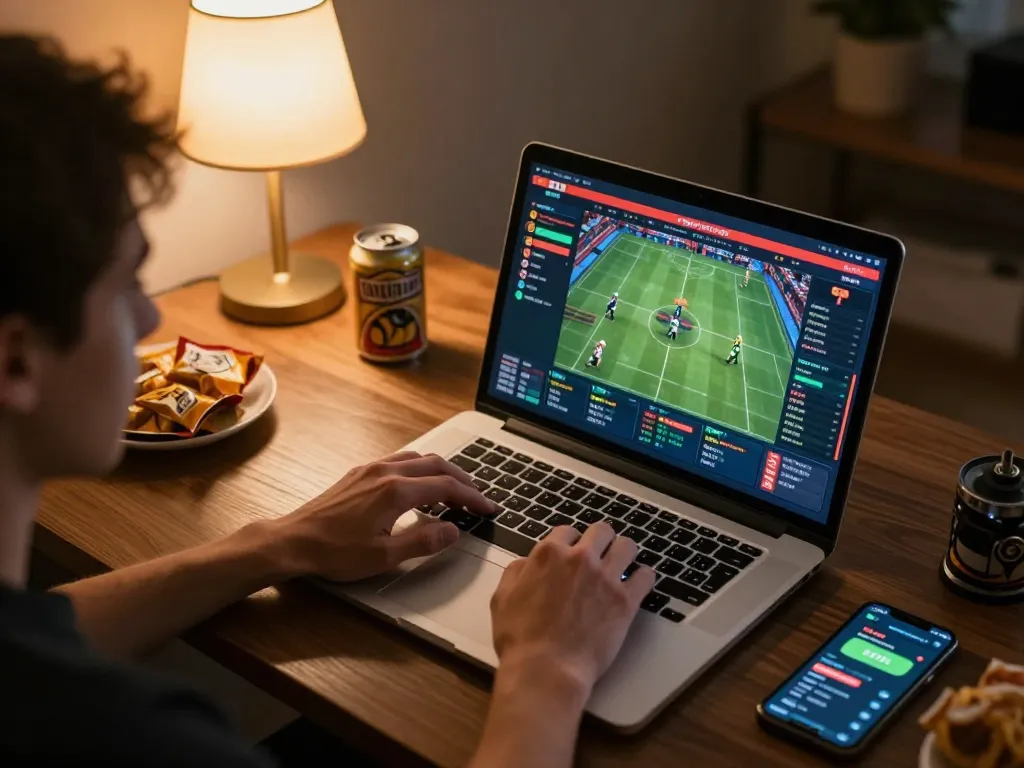 Player engaging in online sports betting via okfun, showcasing strategy and excitement in a cozy home setting.