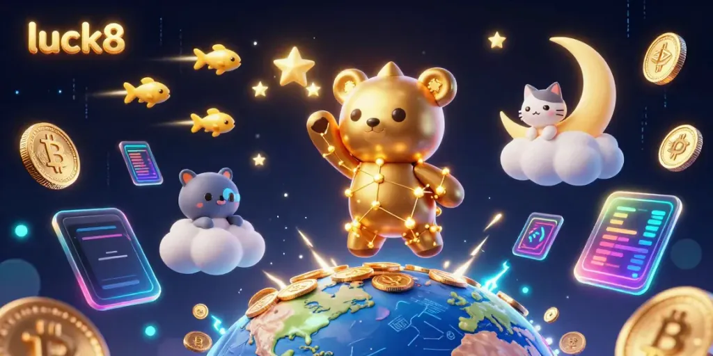 Experience luck8's vibrant gaming universe with a 3D constellation bear scooping coins amidst crypto elements and dynamic energy.