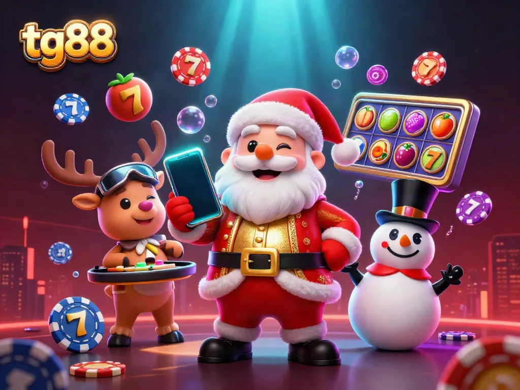 Experience thrilling games at tg88 with a festive Santa, reindeer dealer, and poker chip snowman in a vibrant casino scene.