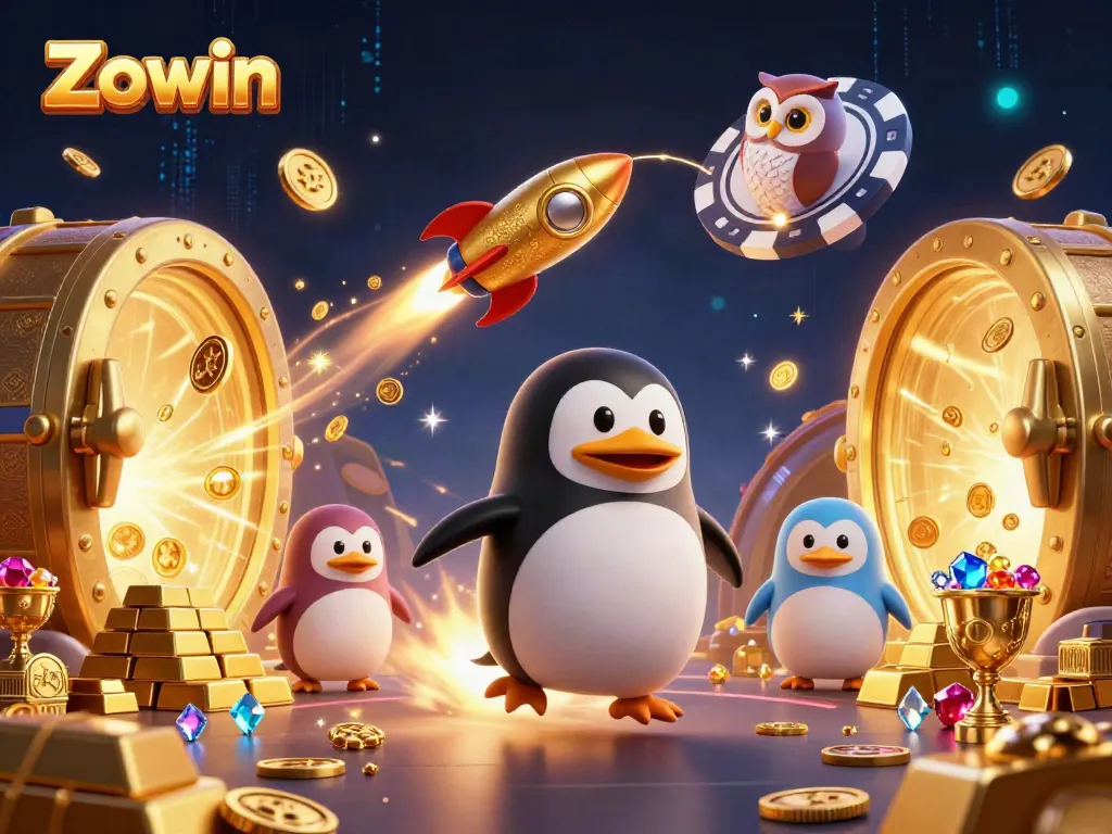 Experience the thrill of Zowin with a golden penguin and poker chip space station.