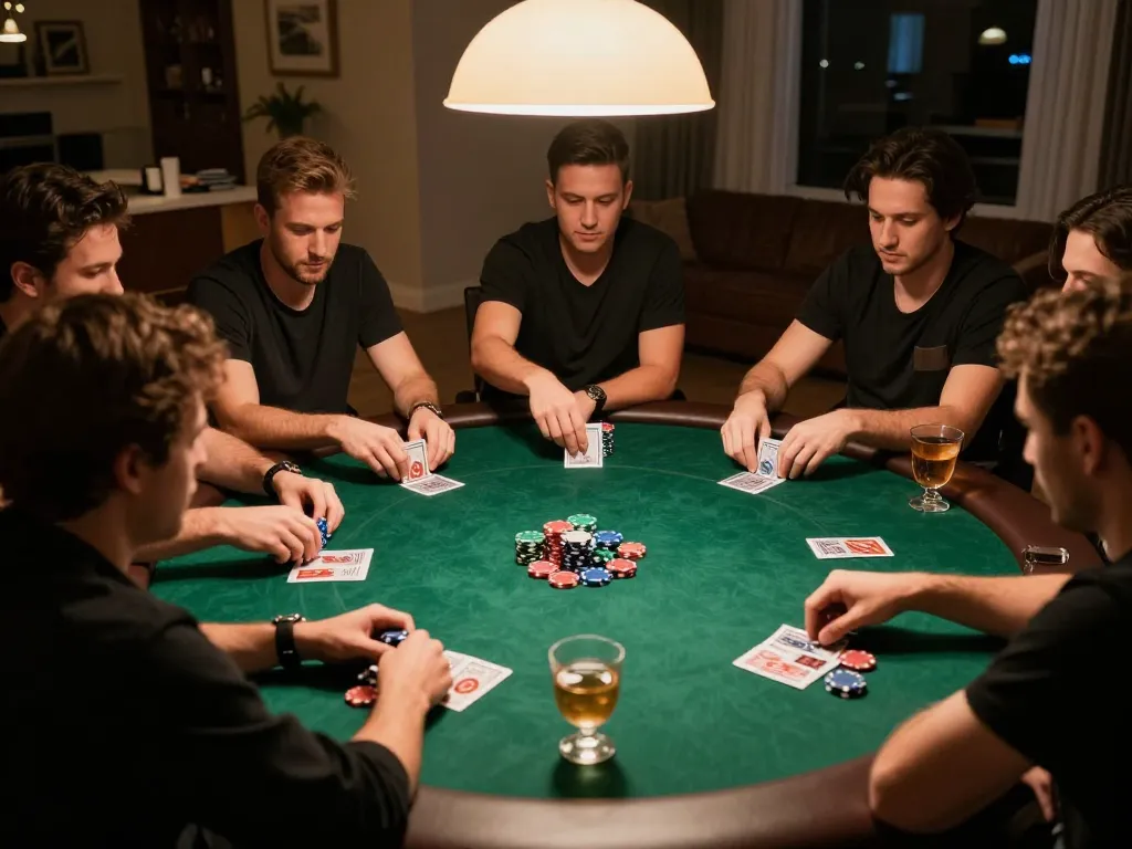 8day players engaged in a strategic poker game with chips and cards at a home setting