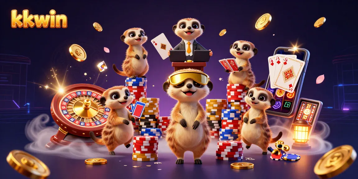 Play exciting games at kkwin casino with fun meerkats and vibrant game elements in a lively scene.