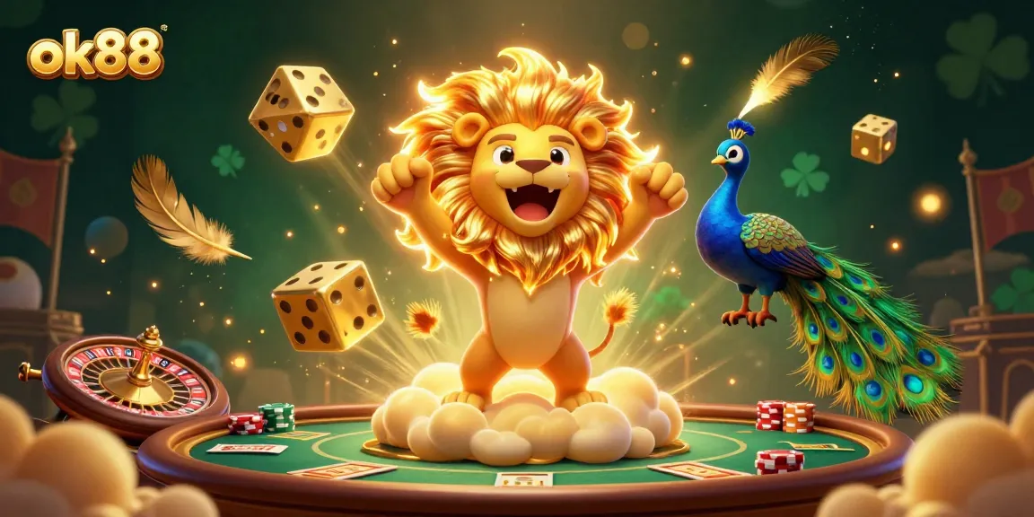 Engage in the vibrant world of gambling with ok88, featuring golden dice, a roaring lion, and roulette elements.