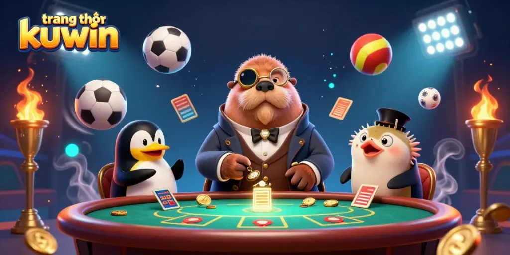 Experience exciting gameplay at trang chủ kuwin with a jolly walrus and friends at a lively poker table.