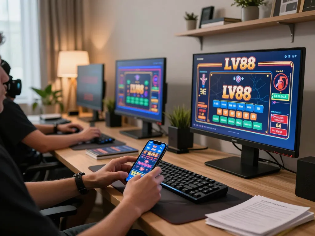 Player engaging with LV88 online casino on multiple screens in a stylish home office