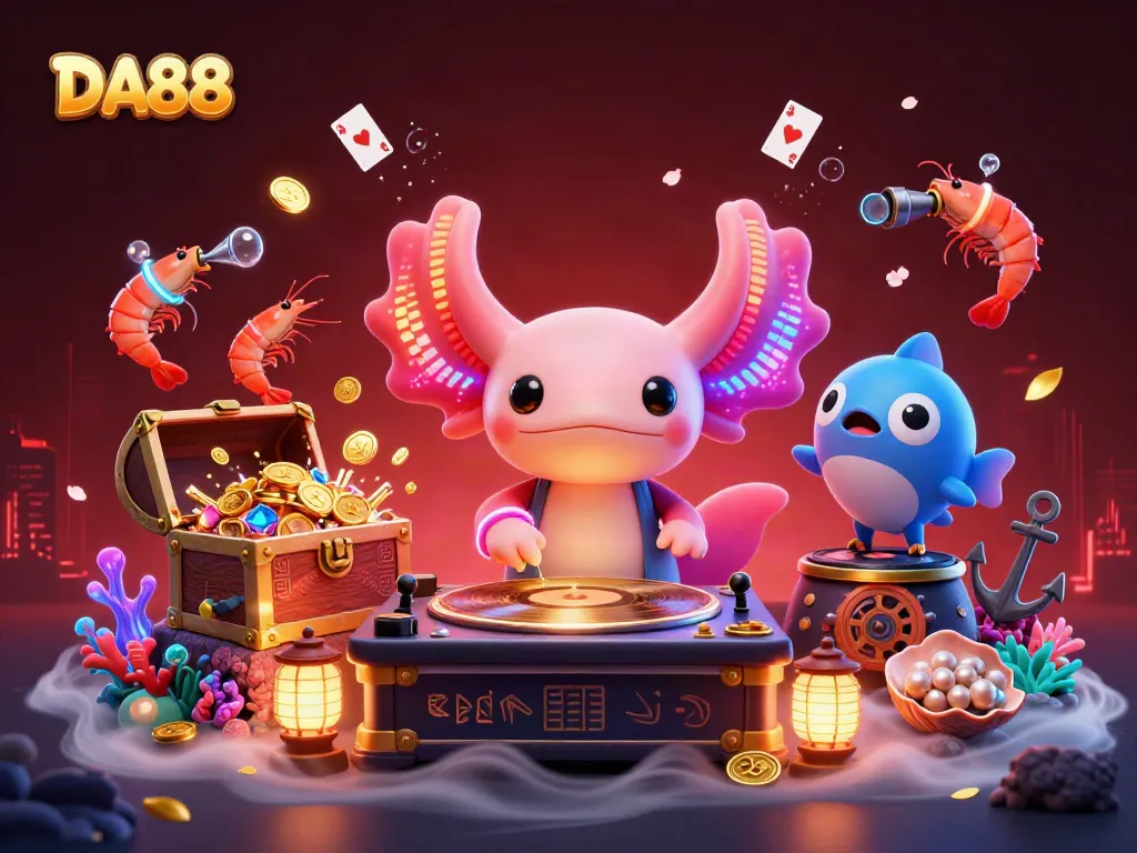 DA88 immersive gaming experience highlighting neon axolotl DJ and vibrant characters unleashing casino excitement.