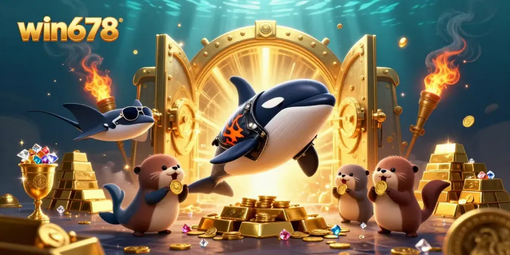 Experience big wins with win678 at this vibrant casino scene featuring playful characters and treasure.