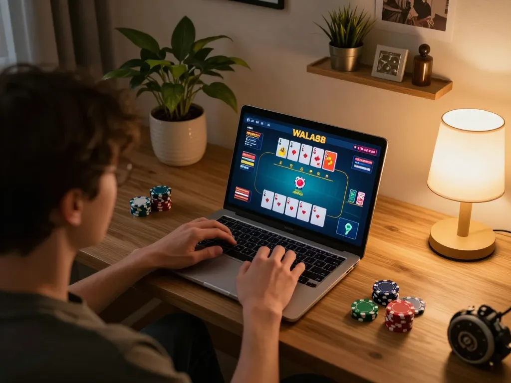Engaged player using WALA88 for online poker, showcasing strategic betting in a cozy home.