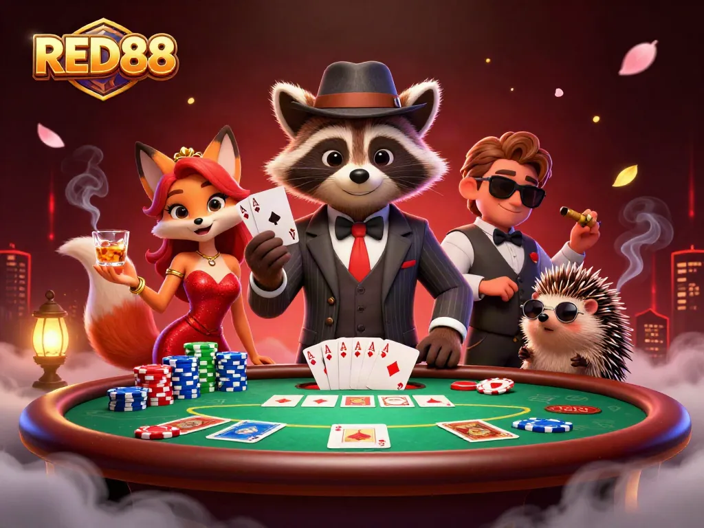 Experience the excitement of RED88 with a suave raccoon in poker action surrounded by chips and cards.