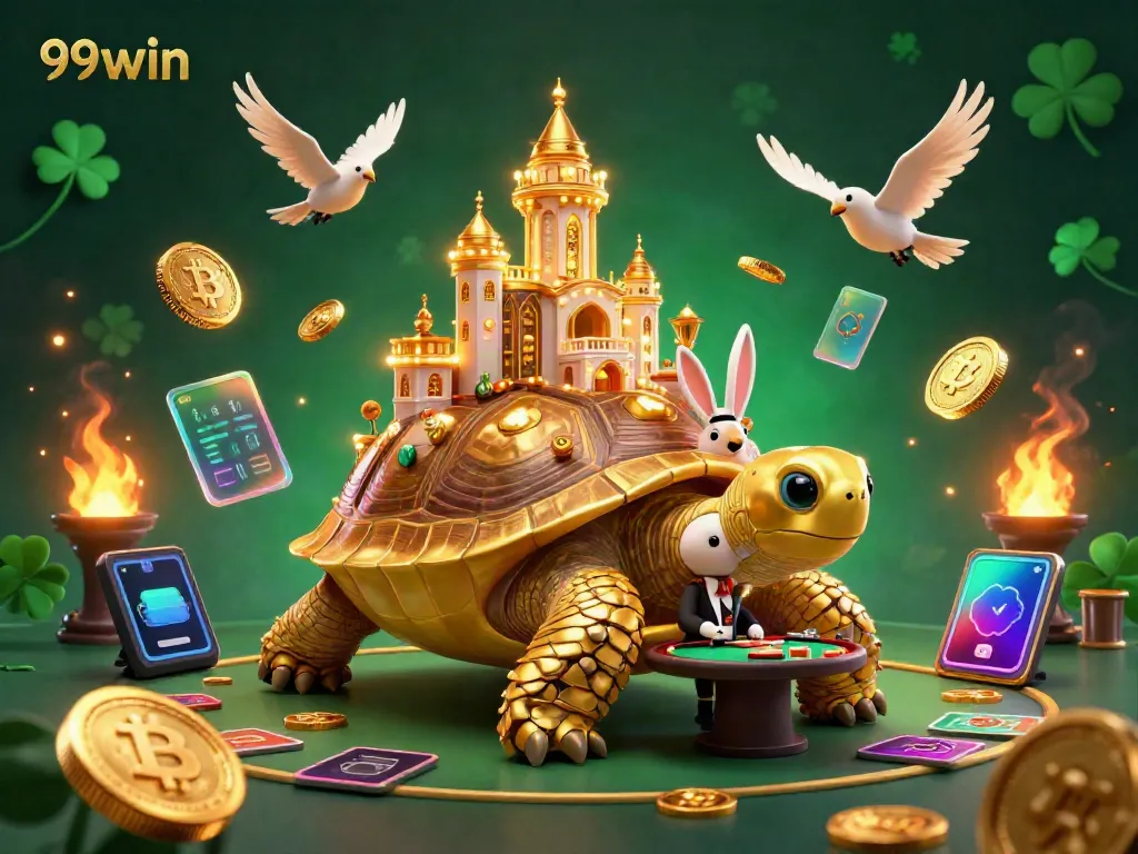 Experience thrilling gameplay at 99win with a vibrant casino scene featuring a giant golden tortoise and a rabbit dealer.