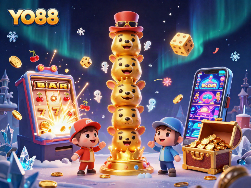 Experience the thrill of YO88 casino games with vibrant 3D elements including slots, coins, and a lively totem.