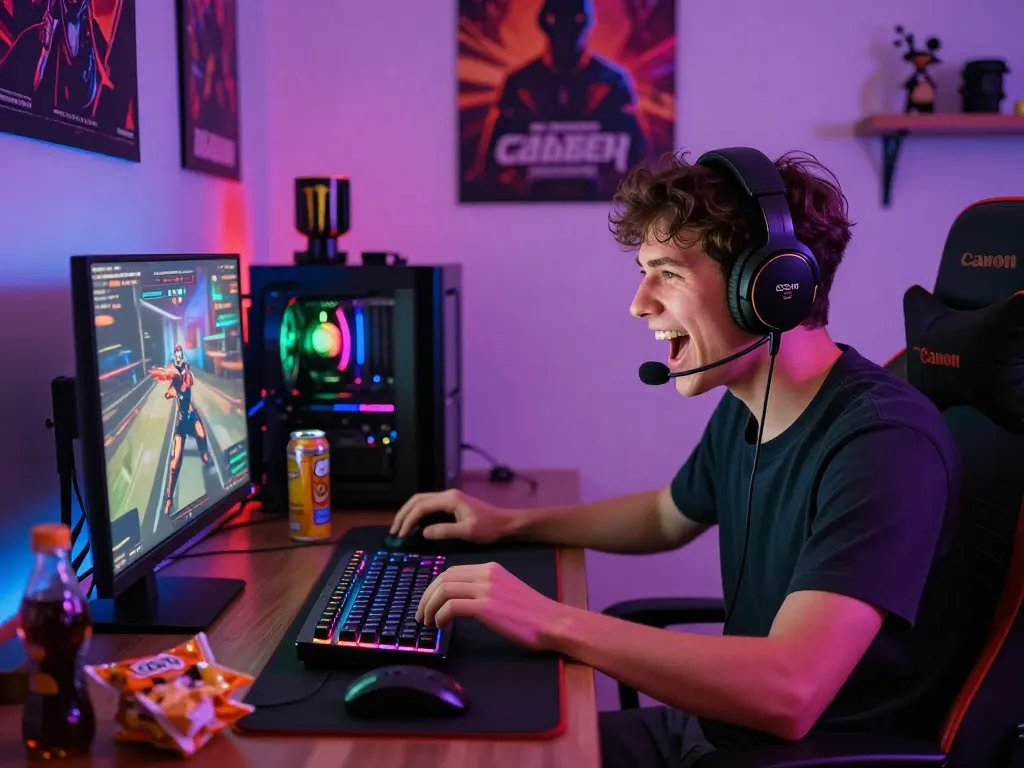 A young gamer enjoying an online match at https://okwin68.net/ with vibrant gaming accessories and snacks for an immersive experience.