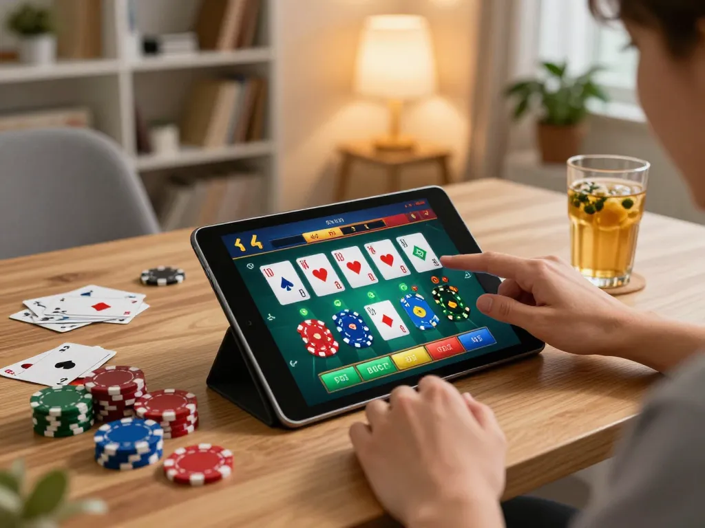 Engaging in online gambling activities at twiin68 using a tablet in a cozy home setting.