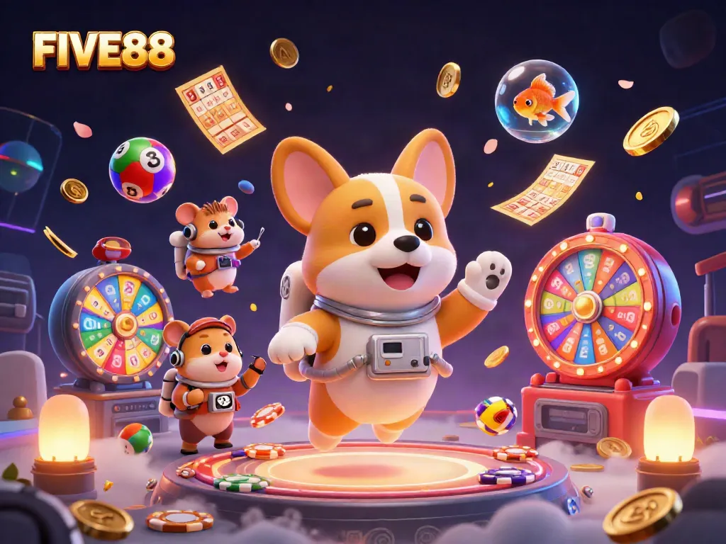 Experience the excitement of FIVE88 in a space casino with floating characters and dynamic lottery action.