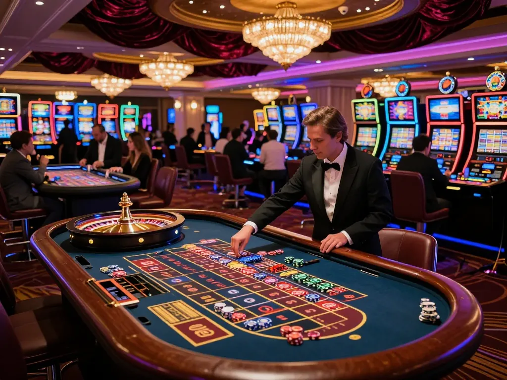 Players engaged in a thrilling roulette game at SV88 casino, illuminated by vibrant lights and an expert croupier.