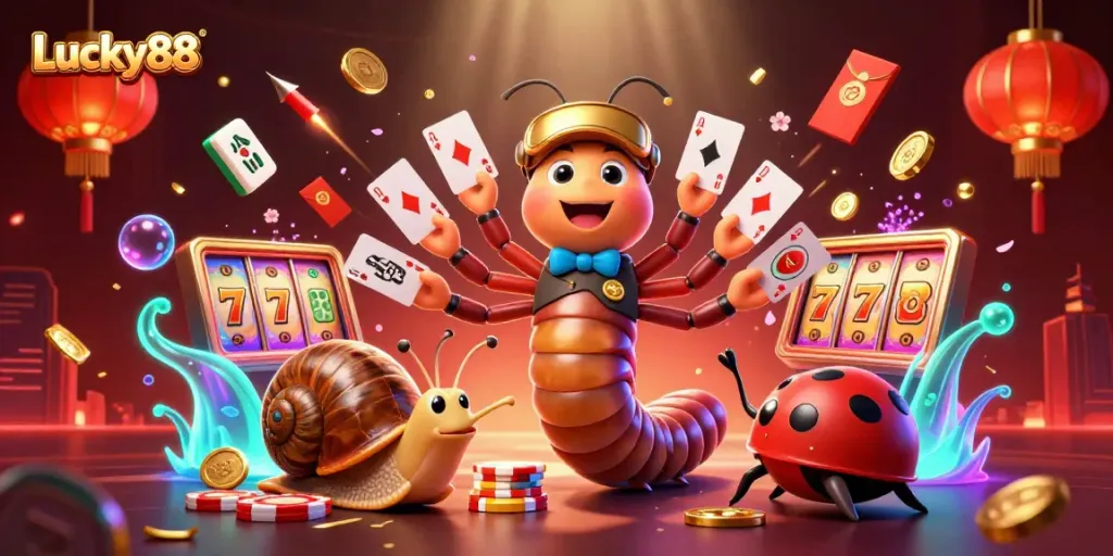 Experience excitement with Lucky88's vibrant casino atmosphere featuring animated characters and rich gaming elements.