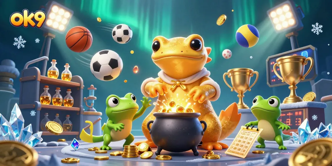 Engage with ok9's golden alchemist theme, featuring dynamic sports elements in a vibrant casino atmosphere.