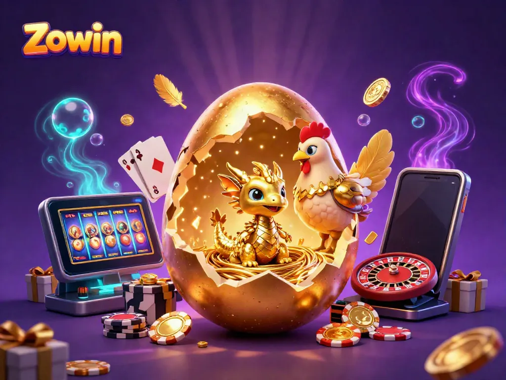 Zowin reveals a golden baby dragon amidst poker chips, highlighting the vibrant online gambling experience.