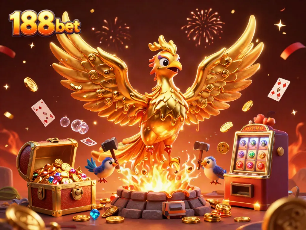 Experience thrilling moments with 188 bet as golden phoenixes soar amidst a dazzling casino atmosphere.
